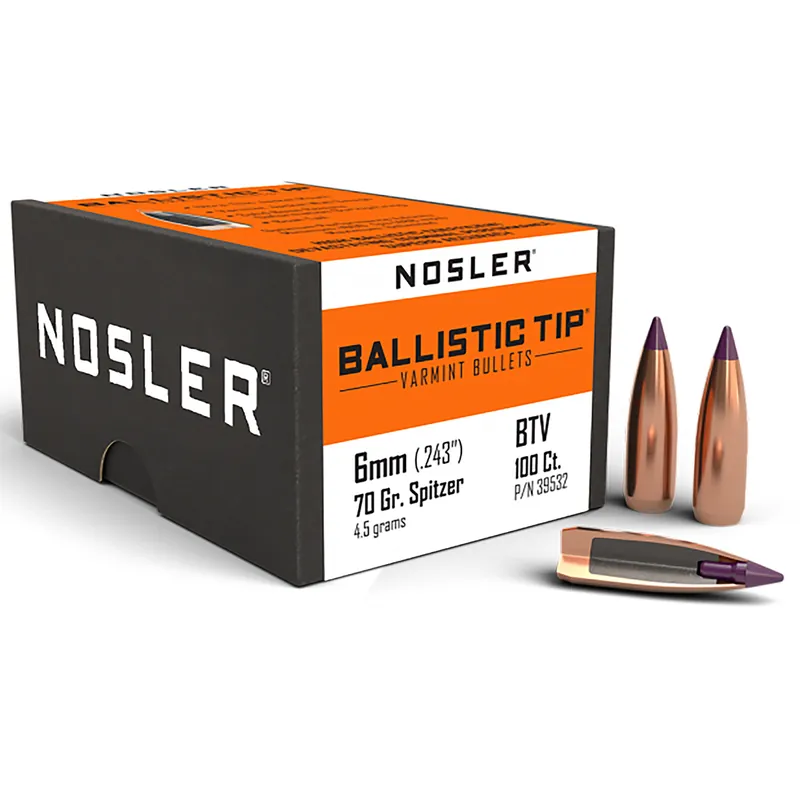 Nosler Ballistic Tip Varmint Bullet 6mm 70 Gr Spitzer 100/Box