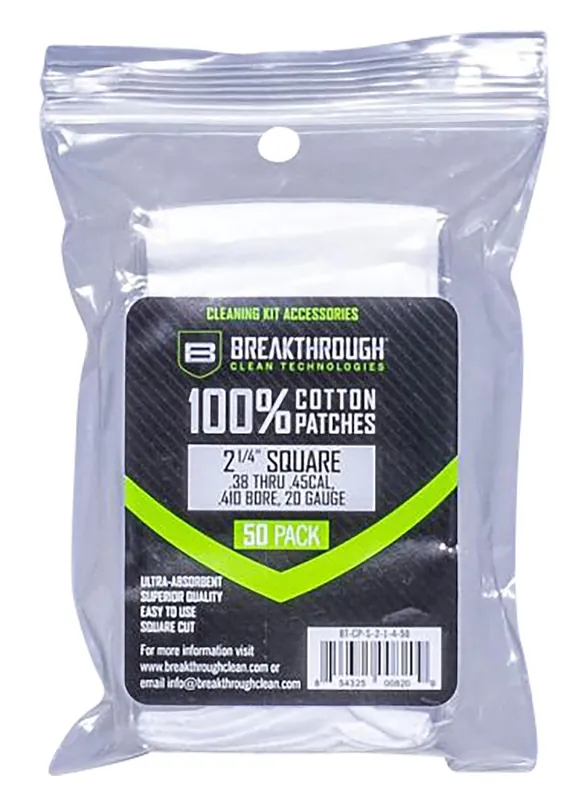 Breakthrough Clean Square Cleaning Patches 100% Cotton 50 Pack For .38-.45 Cal & .410-20 Gauge