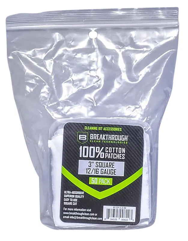 Breakthrough Clean Square Cleaning Patches 100% Cotton 50 Pack For 12-16 GA