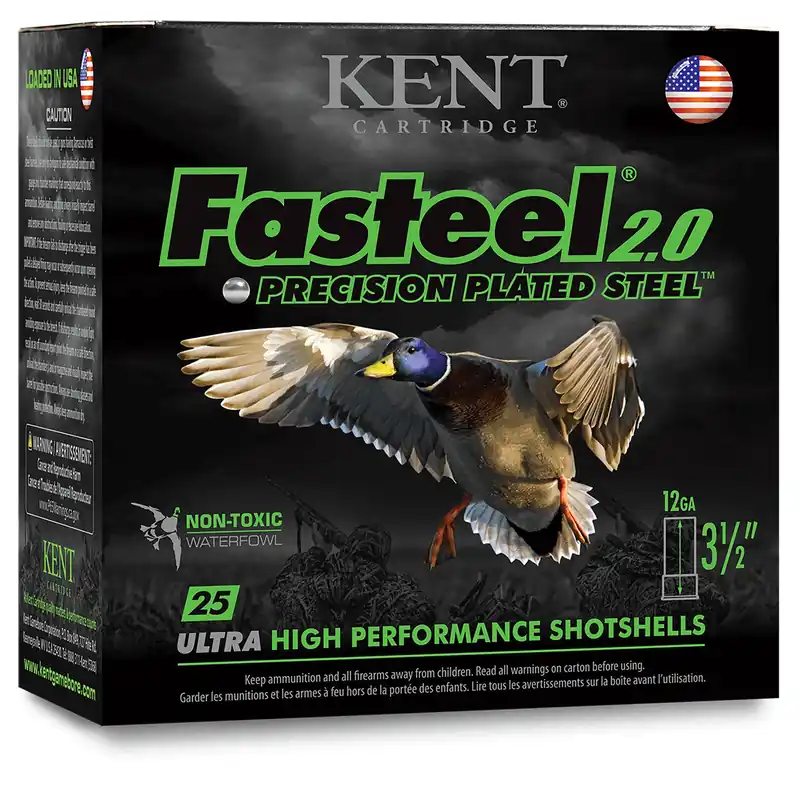 Kent Cartridge Fasteel+ 20ga Shotshells 3" 2.0 20ga 3" 1oz 2x 4 Plated Steel Shot 1350fps 25 Shells Per Box