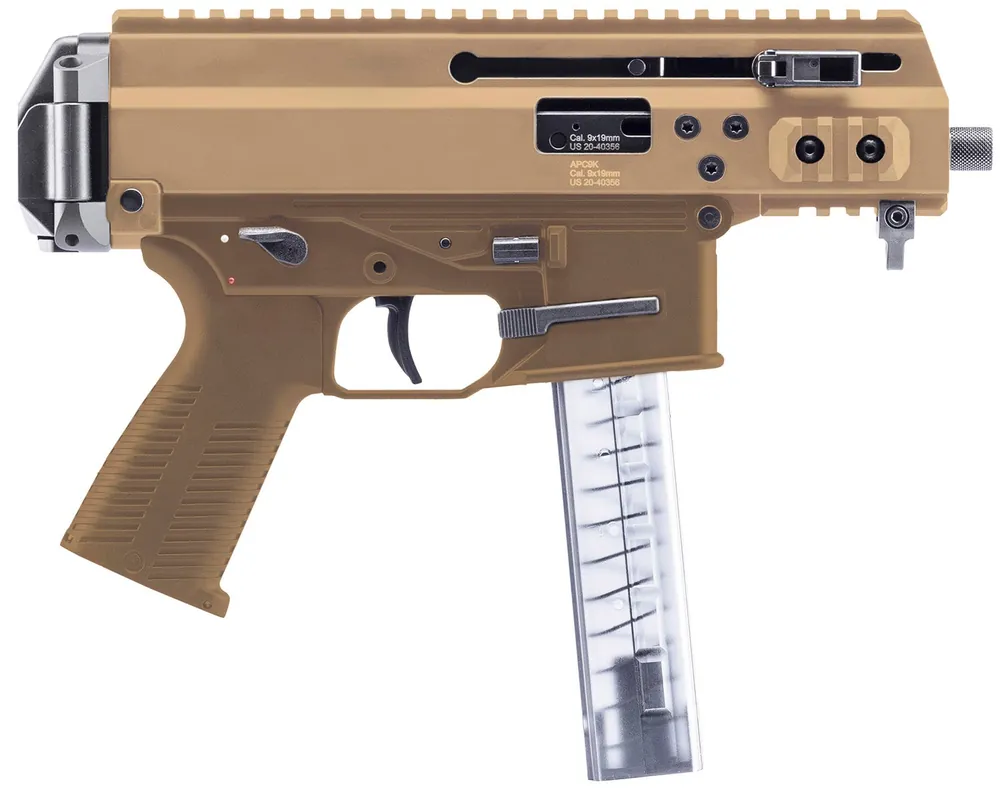 B&T Firearms APC9K PRO 9mm 30+1 4.30" Threaded Barrel Alum Rec Polymer Grip 3/6/9/12 Rails Direct Impingement Tan BT36045CT