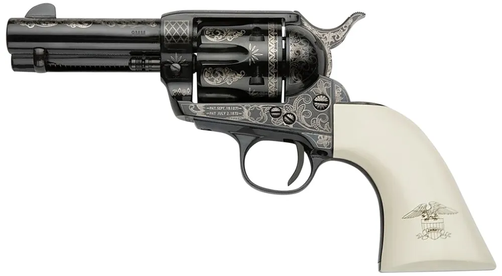 Pietta Great Western II Liberty 9mm Luger 6 Shot 3.50" Blued Engraved Octagon Barrel, Blued Engraved Cylinder & Frame