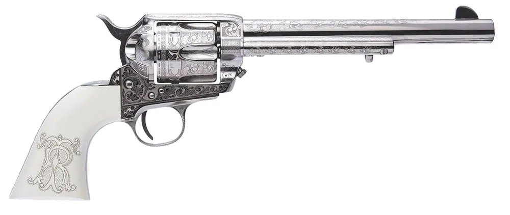 Cimarron Teddy Roosevelt Frontier 45 Colt (LC) 6 Shot 7.50" Nickel-Plated Engraved Barrel, Cylinder & Frame, White w/Laser Engraved "T.R." Grip