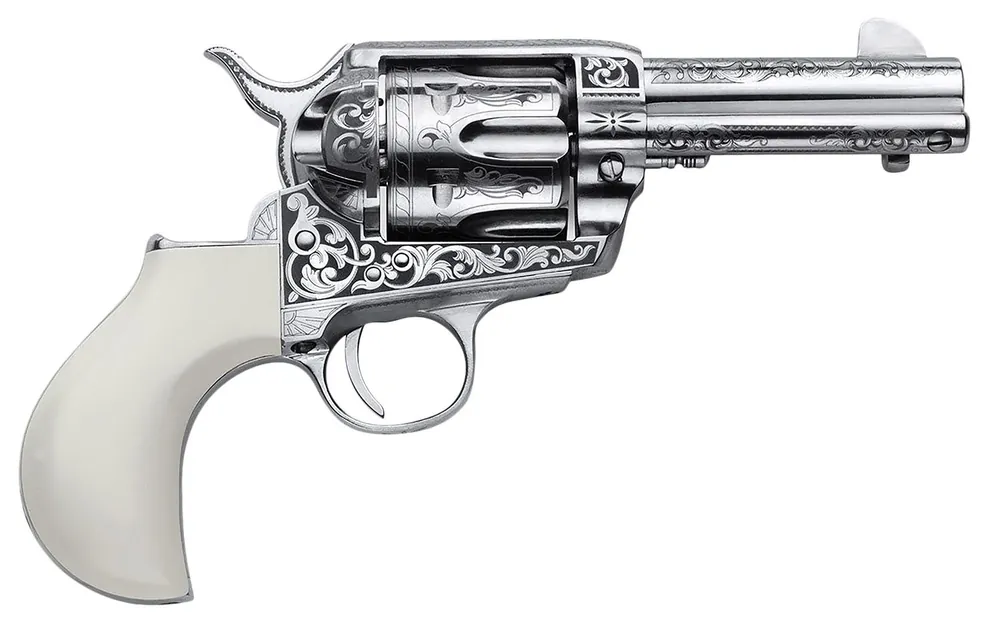 Cimarron Huckleberry 45 Colt (LC) 6 Shot, 3.50" Nickel Engraved Barrel, Cylinder & Frame, Poly-Ivory w/"Huckleberry"