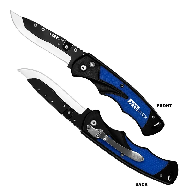 AccuSharp Replaceable Blade Razor 3.50" Folding Plain Stainless Steel Blue Anodized Aluminum Handle