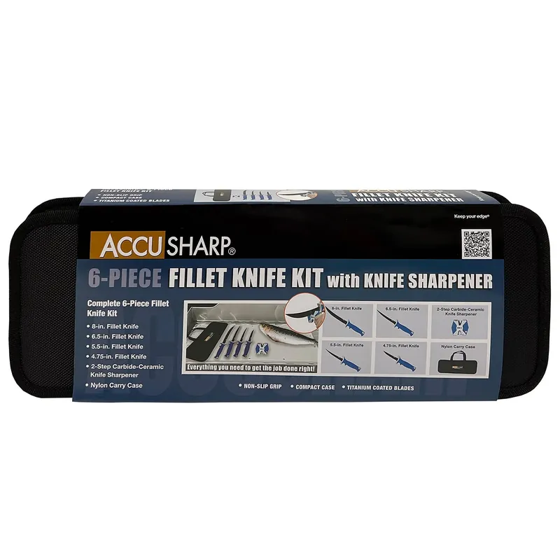 AccuSharp Knife Kit 4.75/5.50/6.50/8" Fixed Fillet Plain Satin Stainless Steel Blue Non-Slip TPR Handle 2-Step Sharpener