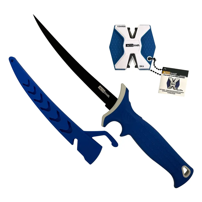 AccuSharp Fixed Fillet w/Sharpener 6.50" Plain Satin Titanium Coated Stainless Steel Blue Anti-Slip Rubber Handle