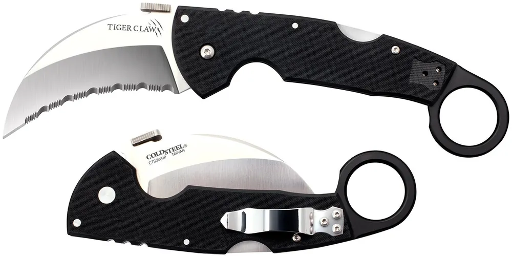 Cold Steel Tiger Claw 3.50" Folding Hawkbill Serrated Stonewashed American S35VN Blade 6" Matte Black w/Ring G10 Handle