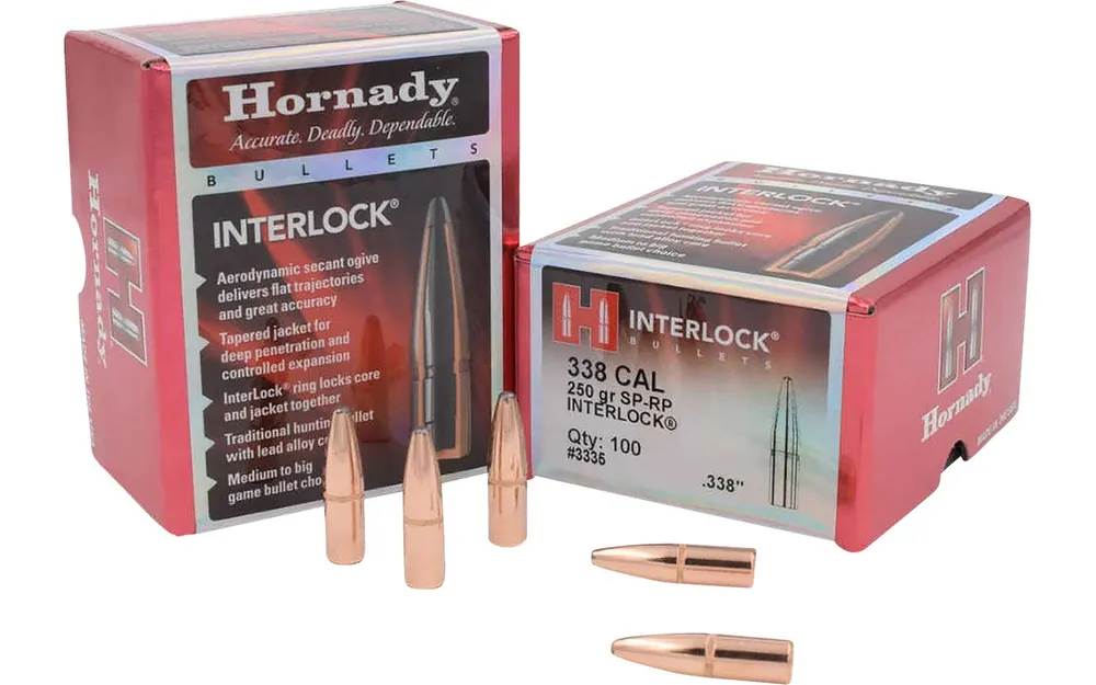 Hornady InterLock 338 Cal 250 gr Soft Point Recoil Proof 100 Rounds 3335