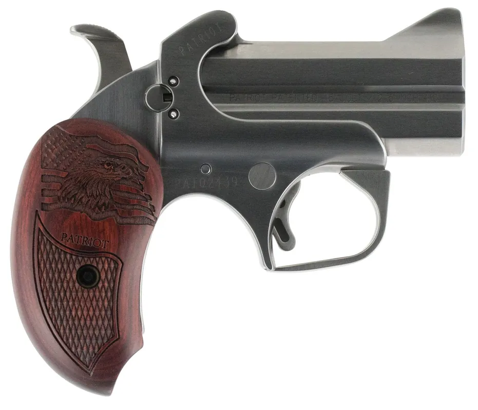 Bond Arms Patriot Derringer .45LC/.410Ga 3" 2Rd Stainless Steel Crossbolt Safety Blade Sight Carved Wood Grips BAPA-45/410