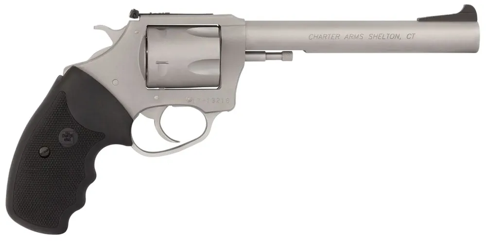 Charter Arms Pitbull Large 9mm Luger, 5 Shot 6" Matte Stainless Steel Barrel, Cylinder & Frame w/Black Finger Grooved Rubber Grip