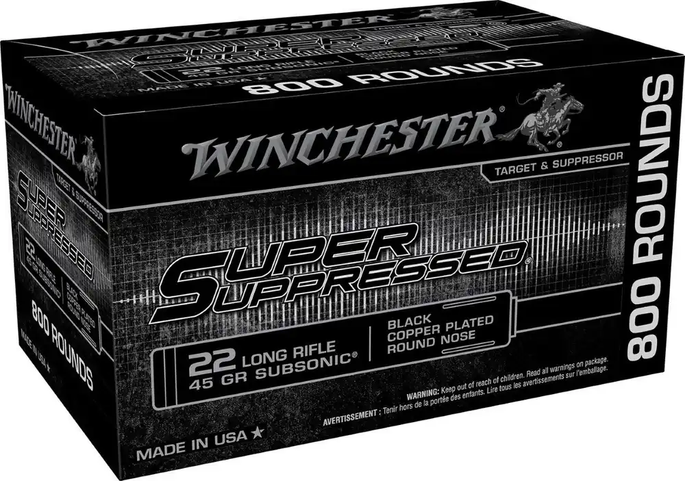Winchester Ammo Super Suppressed .22 LR Ammo 45 gr Black Copper Plated Round Nose 800 Rounds SUP22LRB