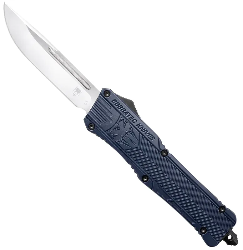 CobraTec Knives CTK-1 Large 3.75" OTF Drop Point Plain D2 Steel Blade NYPD Blue Aluminum Handle