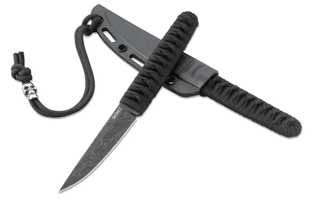 CRKT Obake 3.64" Fixed Plain Acid Etched Gray TiCN 8Cr14MoV SS Blade Black Nylon Cord Wrapped Stainless Steel Handle