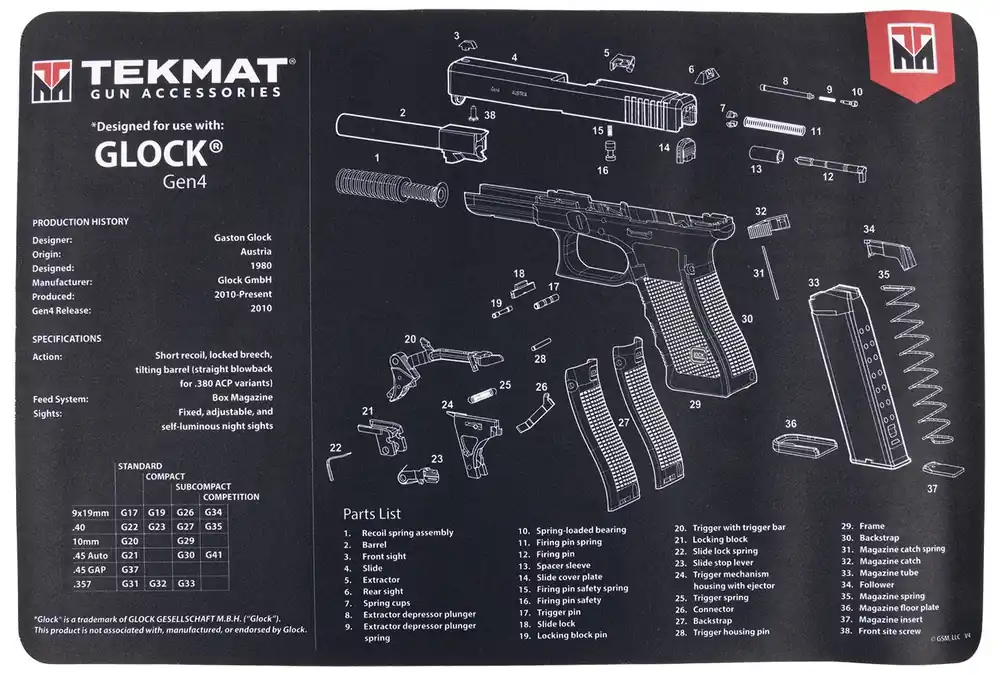 TekMat Black/White Rubber 17 Long 11" x 17" Glock Gen4 Parts Diagram Illustration"