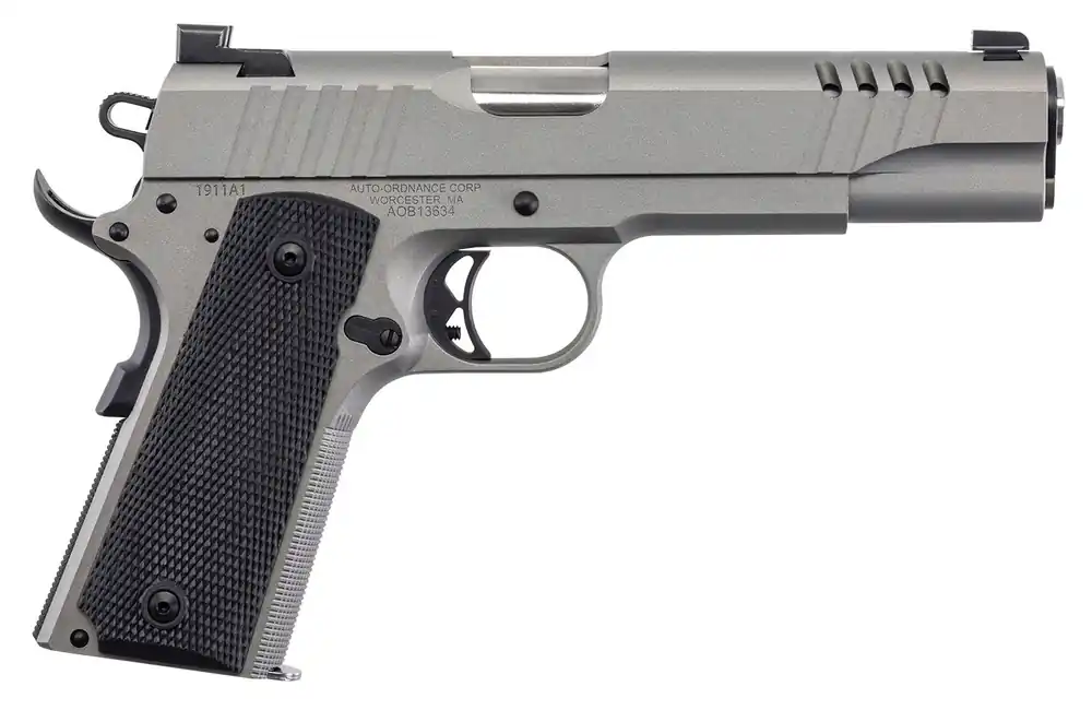 Auto-Ordnance 1911-A1 45 ACP Caliber with 5" Barrel, 7+1 Capacity, Savage Silver Cerakote Stainless Steel Frame & Slide, Black Rubber Grip & Night Sights