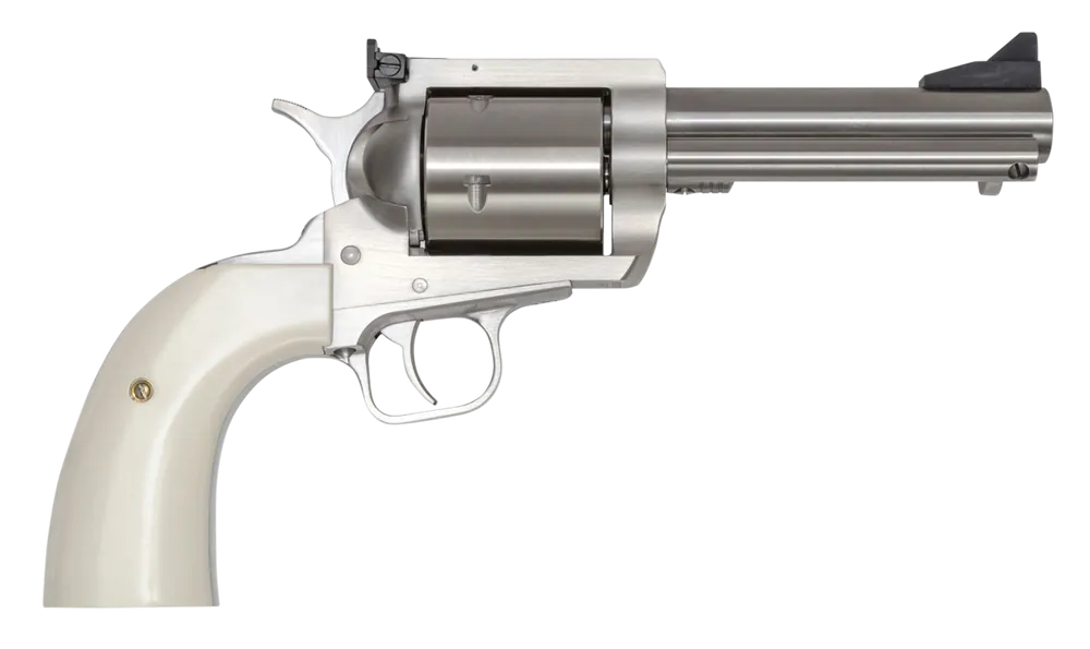 Magnum Research BFR44MAG5B6 BFR Short Cylinder 44 Rem Mag Caliber with 5" Barrel, 6rd Capacity Cylinder, Overall Brushed Stainless Steel Finish & White Polymer Grip