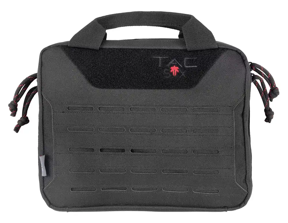 Tac Six Crew Tactical Pistol Case made of Black 600D Polyester with MOLLE System, Lockable Compartments, Storage Pockets, 600D Lining & Carry Handel 10 L x 3" W x 8" H Interior Dimensions"