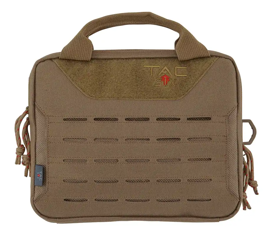 Tac Six Crew Tactical Pistol Case made of Coyote 600D Polyester with MOLLE System, Lockable Compartments, Storage Pockets, 600D Lining & Carry Handel 10 L x 3" W x 8" H Interior Dimensions"