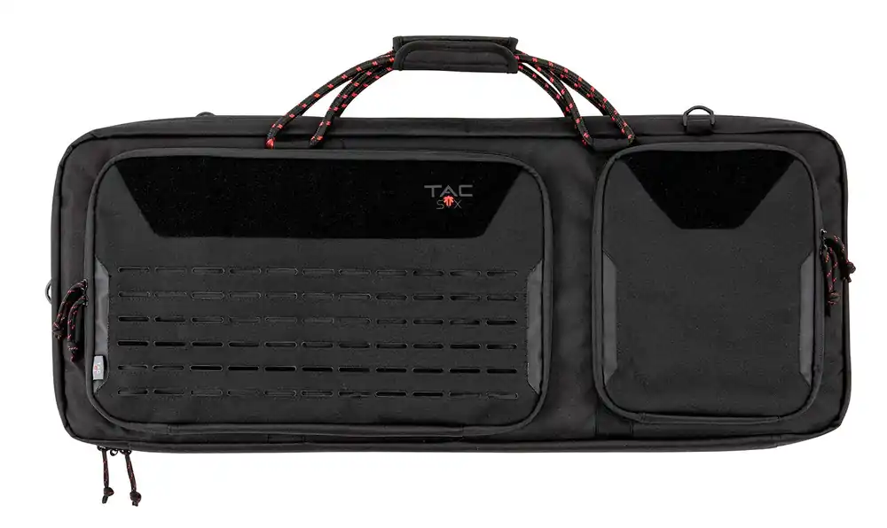 Tac Six Squad Tactical Case made of Black 600D Polyester with Lockable Zippers, MOLLE Panel System, Storage Pockets & Carry Handle 32 L x 4.50" H x 13" D Interior Dimensions"