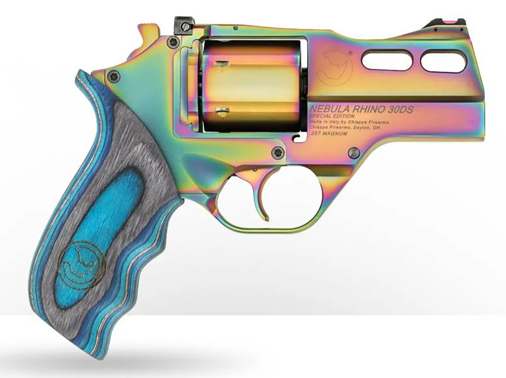 Chiappa Firearms CF340319 Rhino 30DS Nebula *CA Compliant 357 Mag Caliber with 3" Vent Rib Barrel, 6rd Capacity Cylinder, Overall Rainbow PVD Metal Finish & Blue Laminate Grip