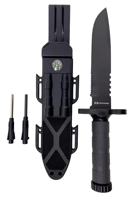 Humvee Adventure Gear Humvee Survival Knife 7.50" Fixed Sawback Plain Black Stainless Steel Blade/ Black Textured Rubber Handle Includes Sheath