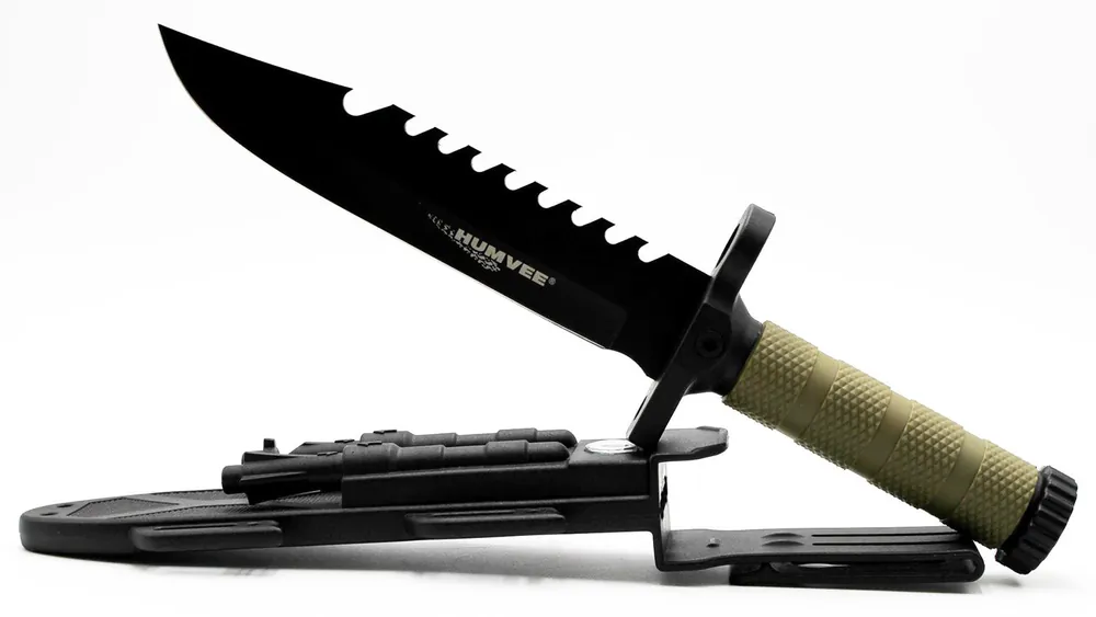 Humvee Adventure Gear Humvee Survival Knife 7.50" Fixed Sawback Plain Black Stainless Steel Blade OD Green Textured Rubber Handle Includes Sheath