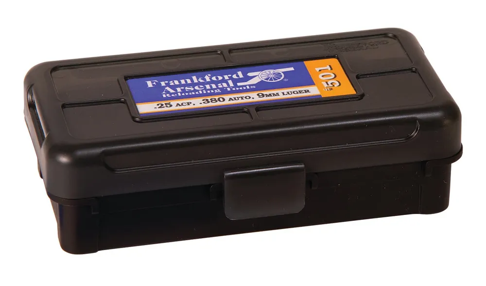 Frankford Arsenal Hinge-Top Ammo Box 9mm 380 ACP 25 ACP Black High Density Polymer 50rd