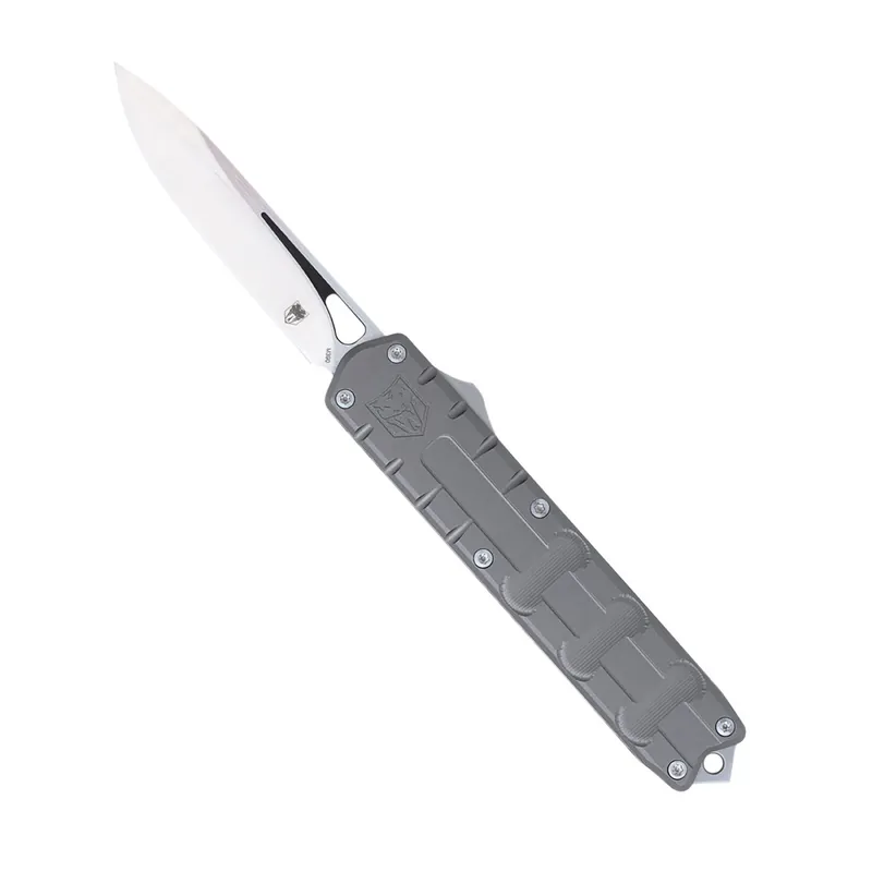 CobraTec Knives Enforcer 3.25" OTF Drop Point Plain M390 Steel Blade/Gray Aluminum Handle