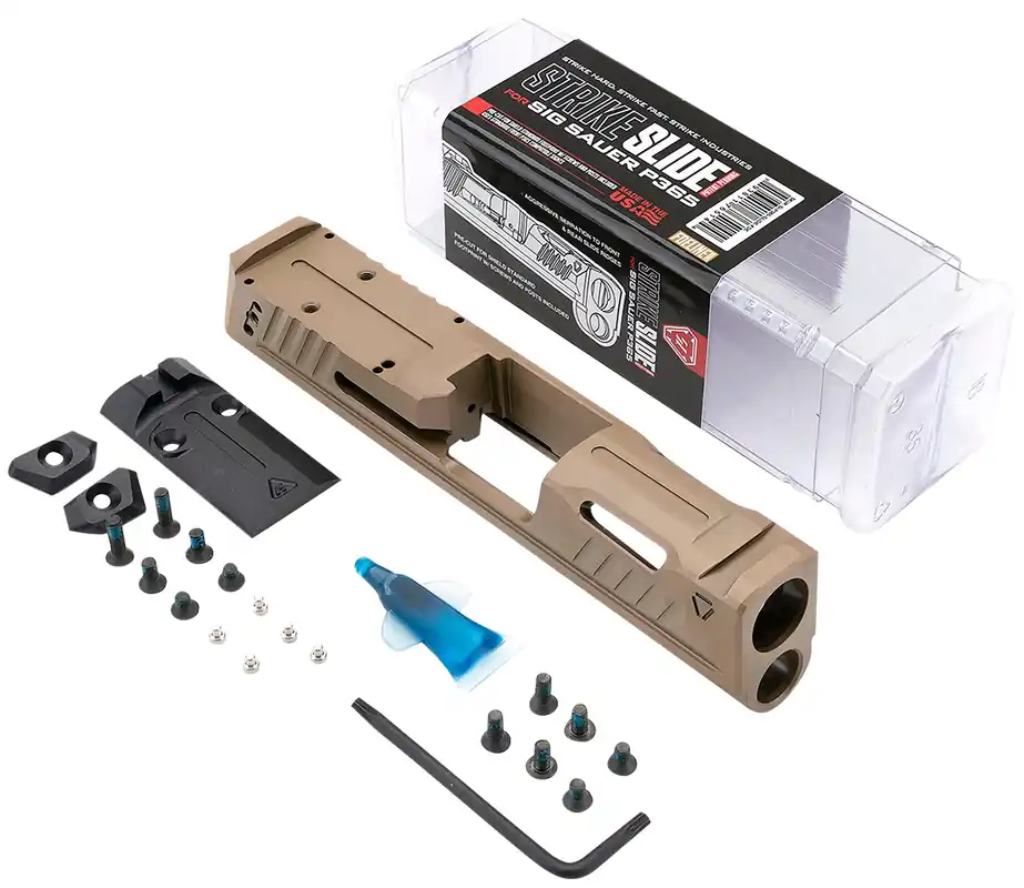 Strike Industries Strike Replacement Slide Flat Dark Earth Stainless Steel with Ports & Optics Cut for Sig P365 Includes Charging Handle