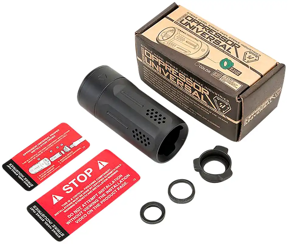 Strike Industries Oppressor Universal Blast Shield Multi-Cal 3.37"L 1.61"D Black Anodized Steel/Aluminum for Barrels with 1/2" & 5/8" Threads (Max .98"D Barrels)