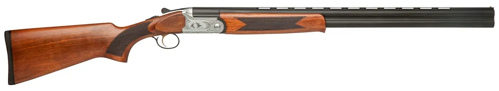 Dickinson 12 Gauge with 28" Matte Black Barrel, 3" Chamber, 2rd Capacity, Satin Silver Engraved Metal Finish, Wood Stock & Ejector Right Hand (Full Size)