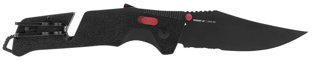 S.O.G Trident AT 3.70" Folding Clip Point Part Serrated Black TiNi Cryo D2 Steel Blade/Black w/Red Accents GRN Handle Features Line Cutter/Glass Breaker