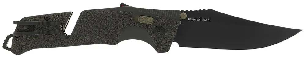 S.O.G Trident AT 3.70" Folding Clip Point Plain Black TiNi Cryo D2 Steel Blade/Olive Drab w/FDE Accents GRN Handle Features Line Cutter/Glass Breaker