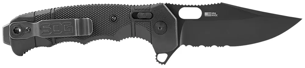 S.O.G Seal XR 3.90" Folding Clip Point Part Serrated Black Cerakote S35VN SS Blade/Black GRN Handle Includes Belt Clip