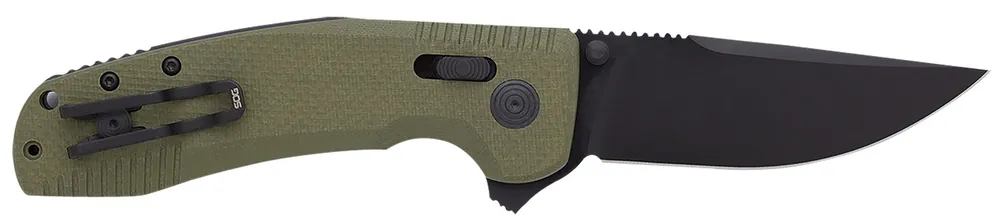 S.O.G XR 3.39" Folding Clip Point Plain Black TiNi Cryo D2 Steel Blade OD Green G10 Handle Includes Pocket Clip