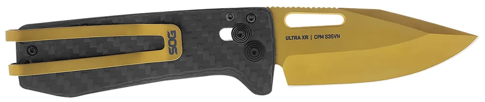 S.O.G Ultra XR 2.80" Folding Clip Point Plain Gold TiNi Cryo S35NV Steel Blade/Black Textured Carbon Fiber Handle Includes Pocket Clip