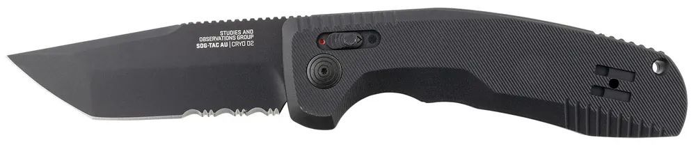 SOG-TAC Auto 3.43" Folding Tanto Part Serrated Black TiNi Cryo D2 Steel Blade Black Micro-Textured Anodized Aluminum Handle Includes Pocket Clip