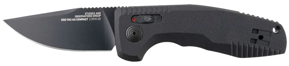 S.O.G TAC Auto Compact 2.94" Folding Straight Back Plain Black TiNi Cryo D2 Steel Blade Black Micro-Textured Anodized Aluminum Handle Includes Pocket Clip