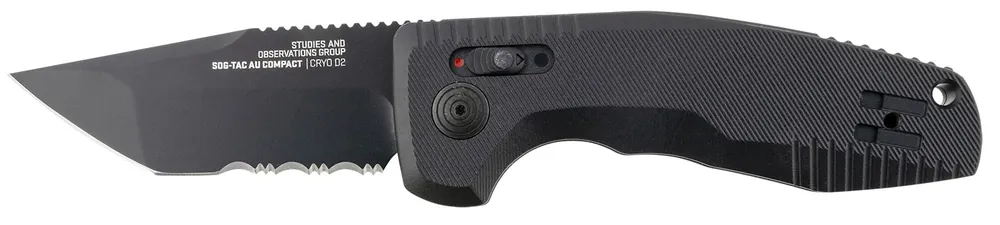 SOG-TAC Auto Compact 2.94" Folding Tanto Part Serrated Black TiNi Cryo D2 Steel Blade Black Micro-Textured Anodized Aluminum Handle Includes Pocket Clip