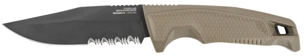 S.O.G Recondo FX 4.60" Fixed Part Serrated Satin TiNi Full Tang Cryo 440C SS Blade/ FDE Overmolded GRN Handle