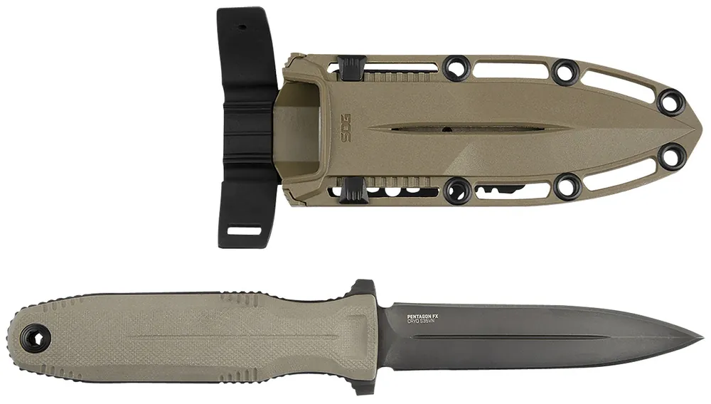 S.O.G Pentagon FX 4.77" Fixed Spear Point Plain Black Titanium Nitride Cryo CPM S35VN Blade/G10 Blackout Handle