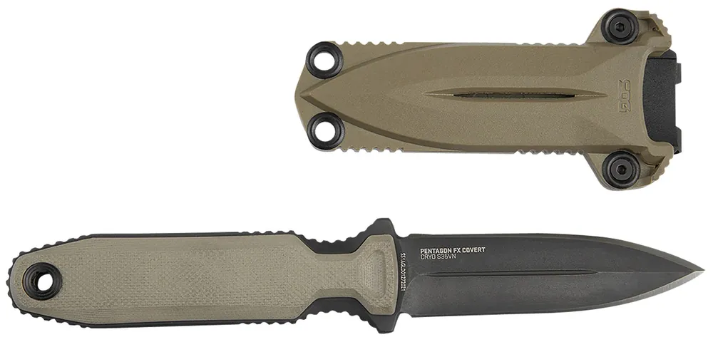 S.O.G Pentagon FX Covert 3.41" Fixed Spear Point Plain Black Titanium Nitride Cryo CPM S35VN Blade/G10 Flat Dark Earth Handle