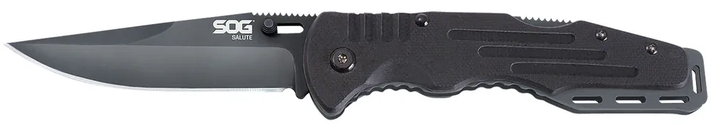 Salute 3.62" Folding Clip Point Plain Black Hardcased 8Cr13MoV SS Blade Black G10 Handle Includes Belt Clip