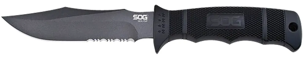 Seal Pup 4.75" Fixed Clip Point Part Serrated Powder Coated AUS-8A SS Blade Black w/Raised Diamond Pattern GRN Handle Includes Lanyard/Sheath