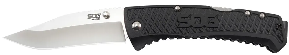 Traction 3.50" Folding Clip Point Plain Satin 5Cr13MoV SS Blade Black Textured GRN Handle Includes Pocket Clip