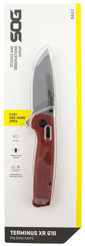 Terminus XR 2.95" Folding Clip Point Plain Stonewashed D2 Steel Blade Crimson Textured G10 Handle Includes Pocket Clip