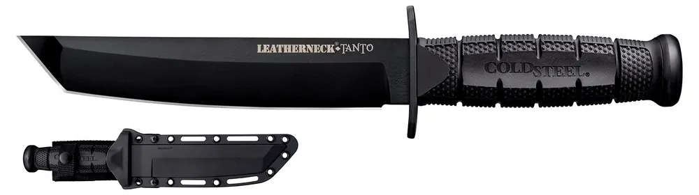 Cold Steel Leatherneck 7" Fixed Plain Tanto Black Matte Powder Coat German D2 Steel Blade/Black Deep Checkered w/double Quillon Guard/ Griv-Ex Handle