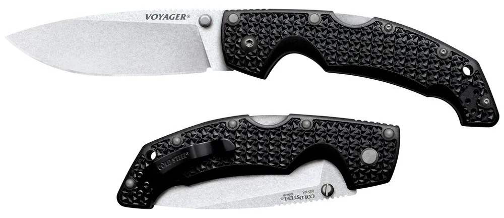 Cold Steel Voyager Large 4" Folding Plain Drop Point Stone Washed AUS 10A Steel Blade/Black Textured Griv-Ex Handle