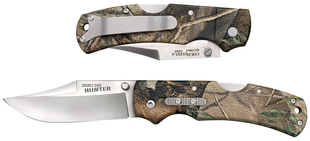 Cold Steel Double Safe Hunter 3.50" Folding Clip Point Plain Satin 8Cr13MoV SS Blade/ Camo GFN Handle Includes Pocket Clip